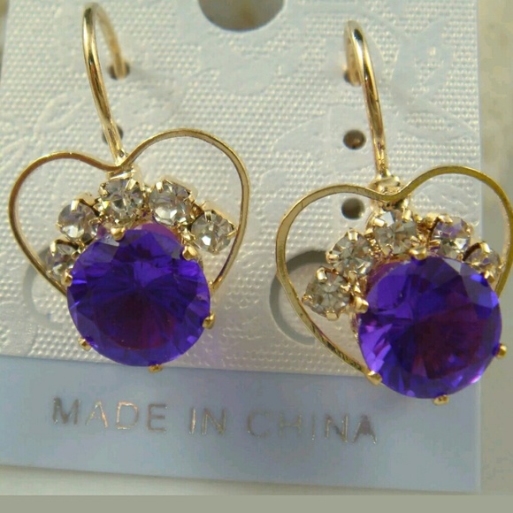 boutique Jewelry - purple heart Czech crystal gold plate earrings new